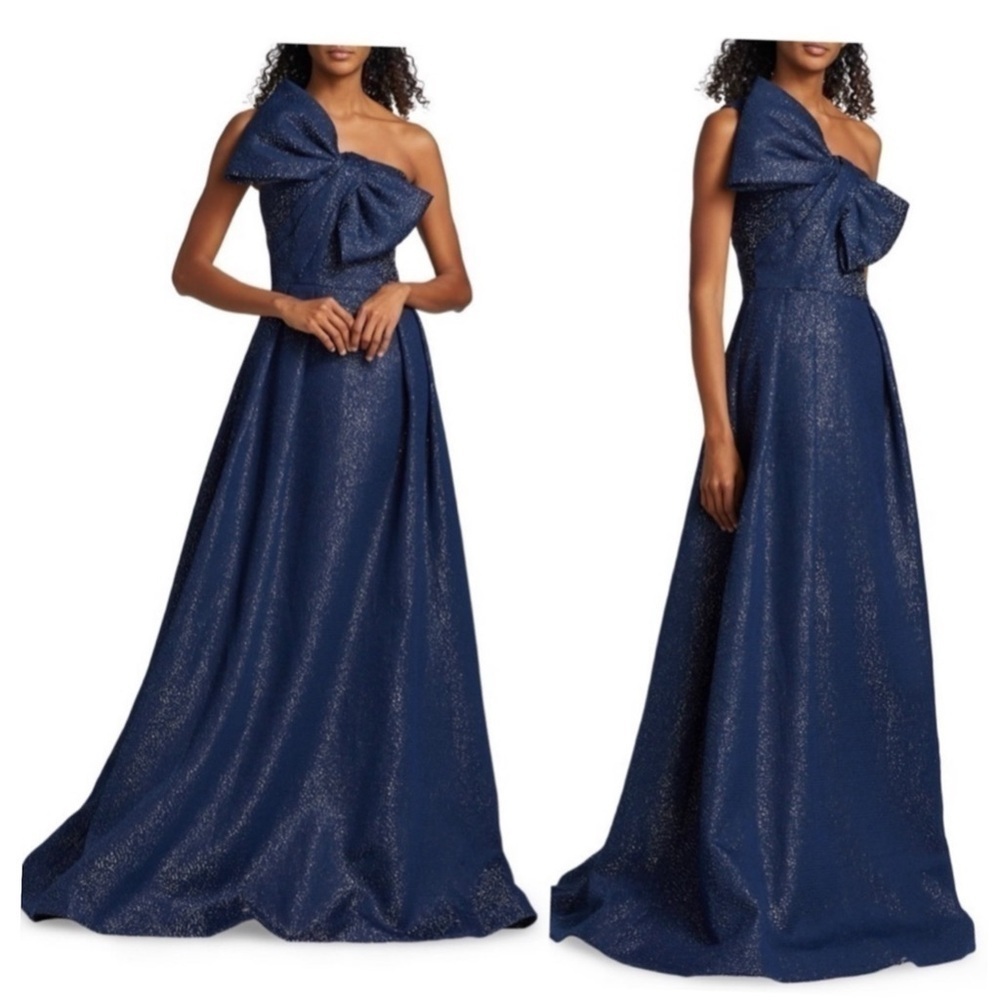 Teri Jon By Rickie Freeman Asymmetric Bow Metallic Sparkle Jacquard Maxi Gown